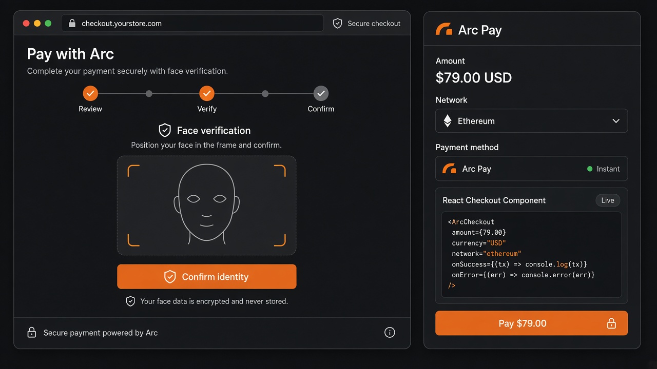 Face-pay checkout and the merchant React component.