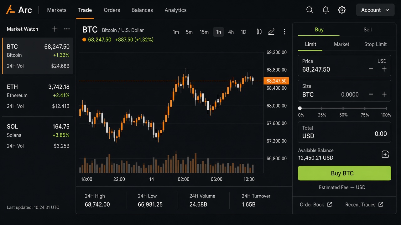 Trading screen with markets, chart, and order ticket.