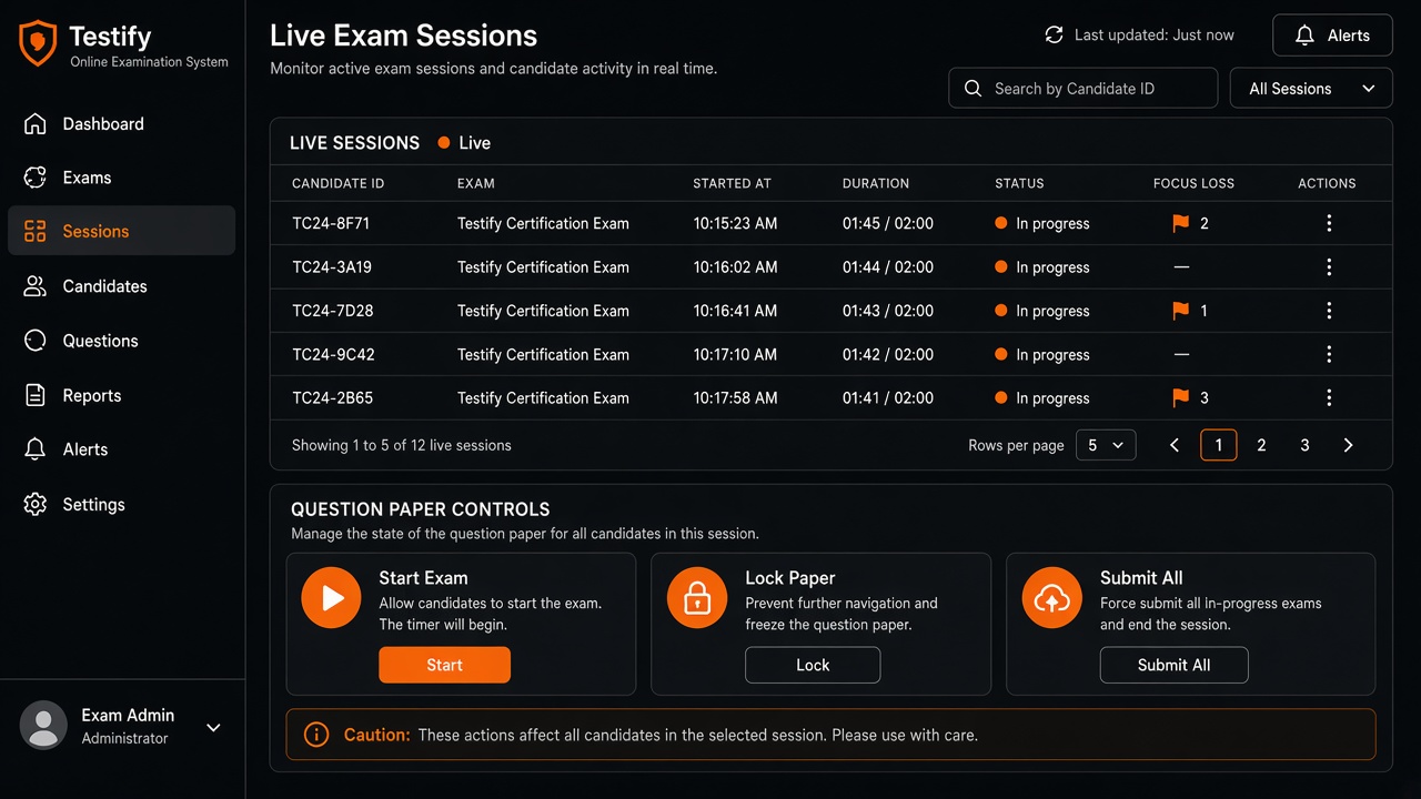 Live sessions and paper controls for the exam desk.