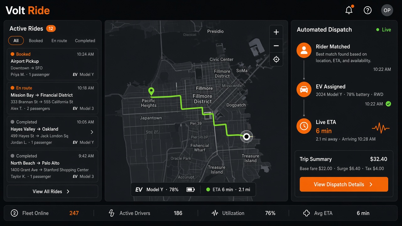 Automated dispatch with live routes and ride status.